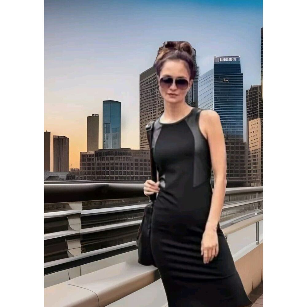 NWT Athleta XS Night On The Town Ponte Dress Black Faux Pleather Vegan Leather